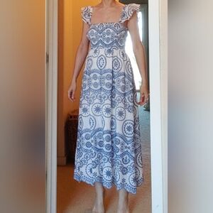 SundayUp White and Blue Embroidery Dress Size S
